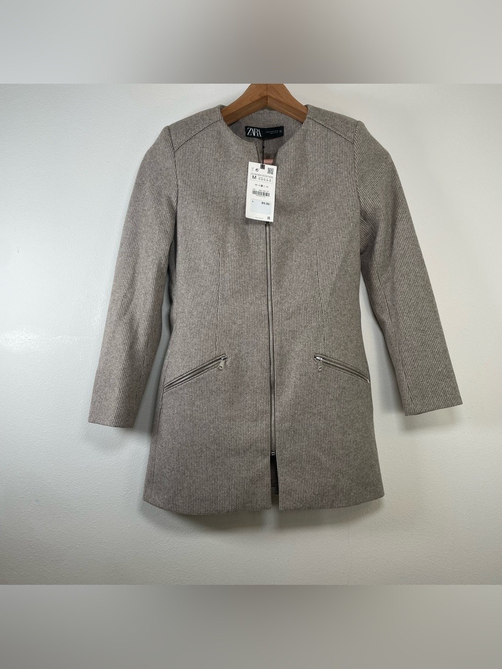 New ZARA Jacket Size M Frock Coat Zippered Herringbone Blazer Made in Spain